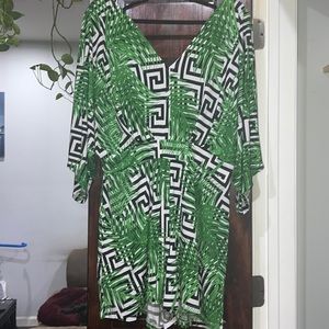 Black & White Shorts Romper with Green Leaf Pattern